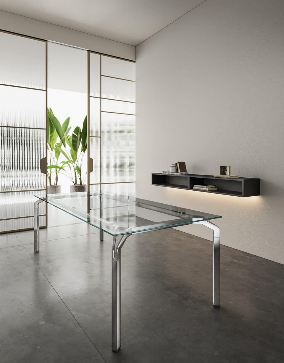 Bureau de direction structure chrome et plateau verre transparent